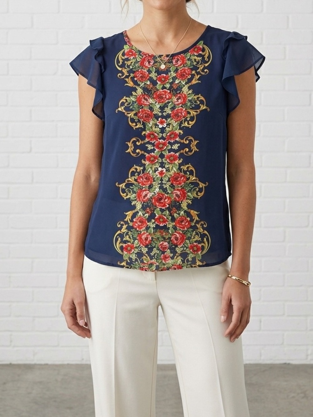 OLM Navy Floral Blouse Flutter Sleeve Baroque Rose Print Top Medium